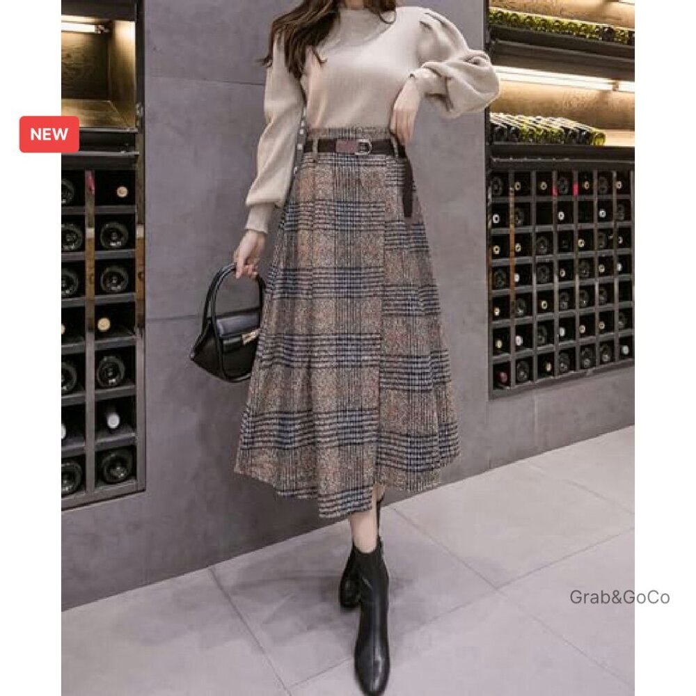 Vintage Plaid Wool Blend Midi Skirt A-Line Retro Chic Elegant Belted - Picture 3 of 6